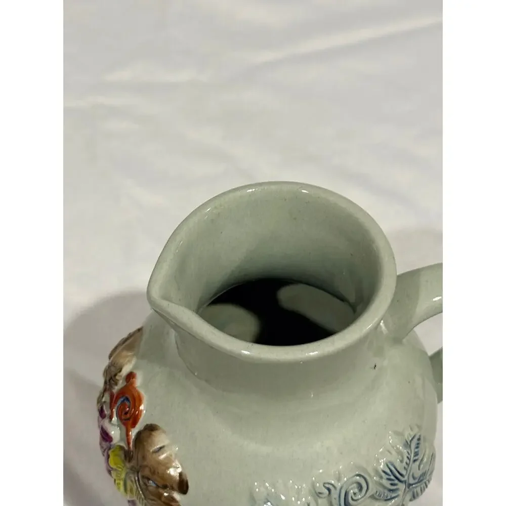Vintage KING Handmade Germany Pottery Pitcher Relief Grapes Blue Base Stoneware